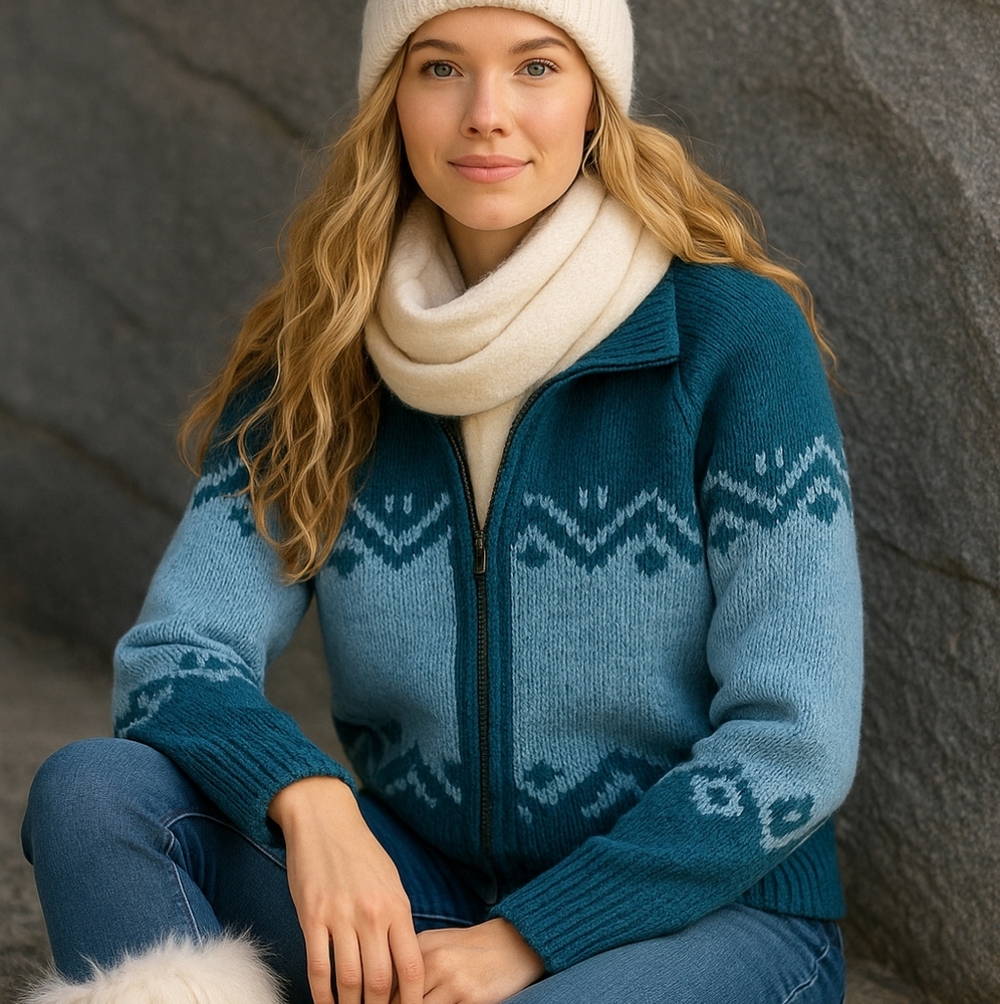 Women's Blue Patterned Cardigan Sweater - Picture 11 of 12